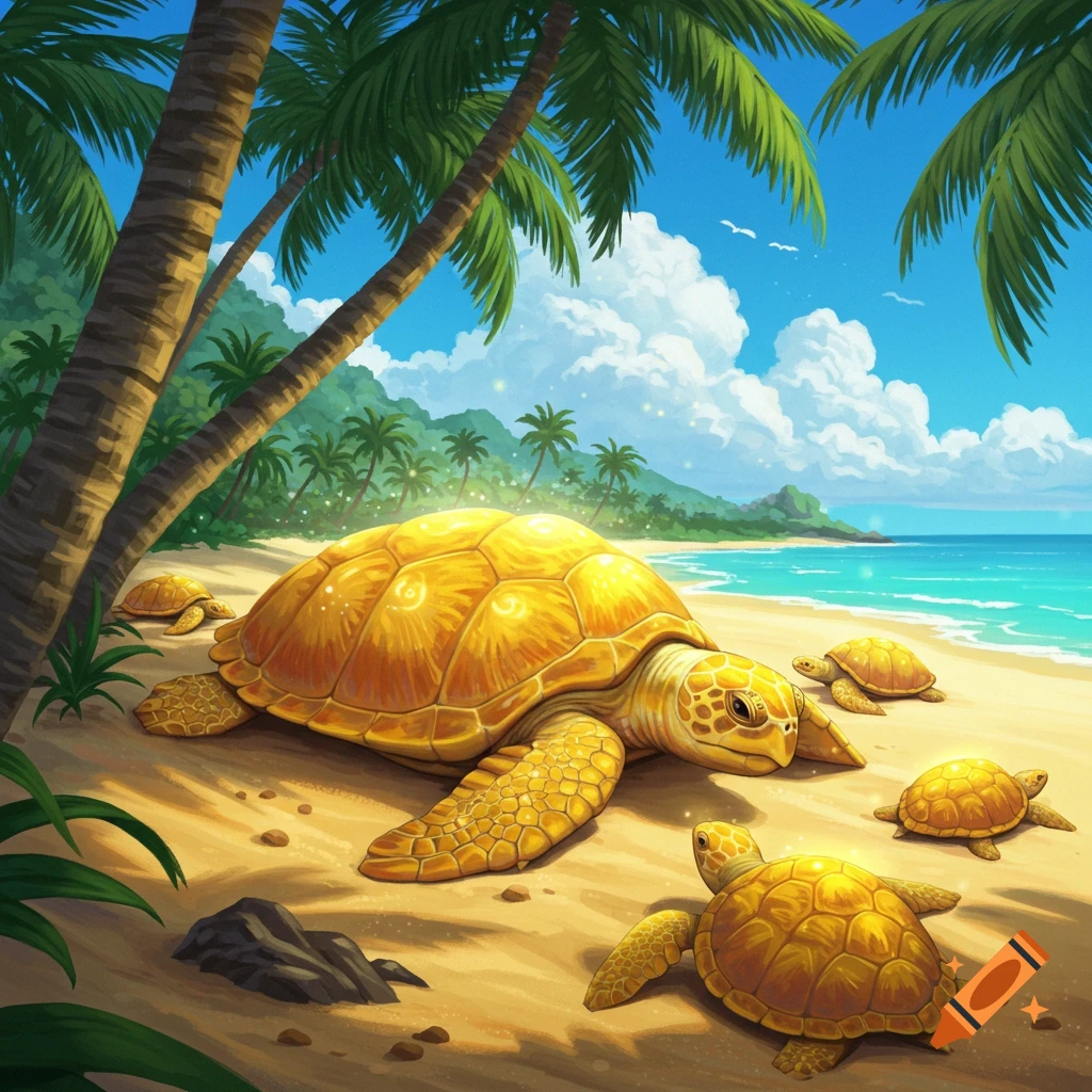Several golden turtles on a sunny tropical beach with palm trees and the ocean.