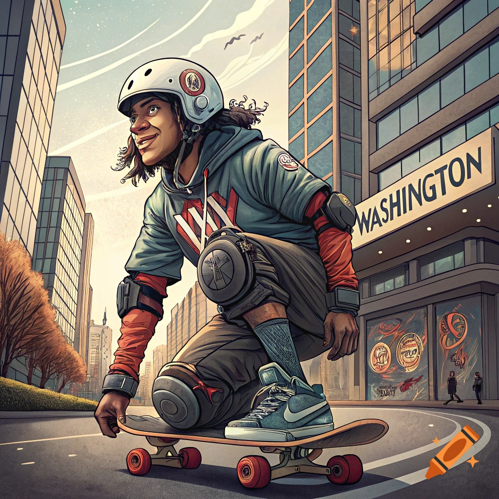 Illustration of a person skateboarding down a city street past a building with WASHINGTON text