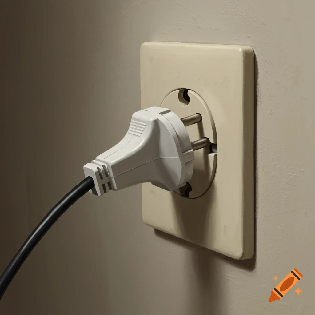 Close-up of a white electrical plug partially removed from an old wall socket.