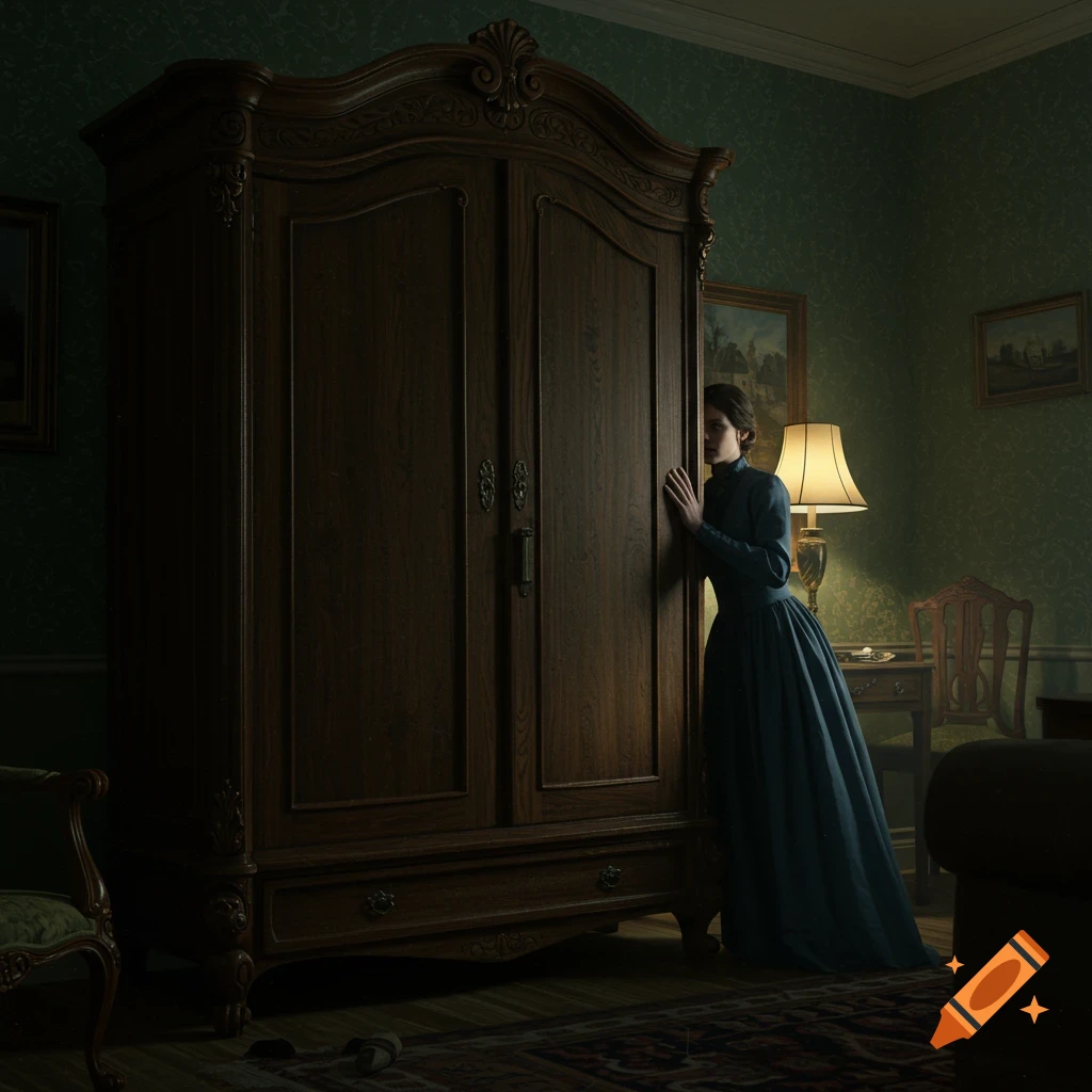 Woman in a long dress hiding behind a large wooden wardrobe in a dimly lit room.