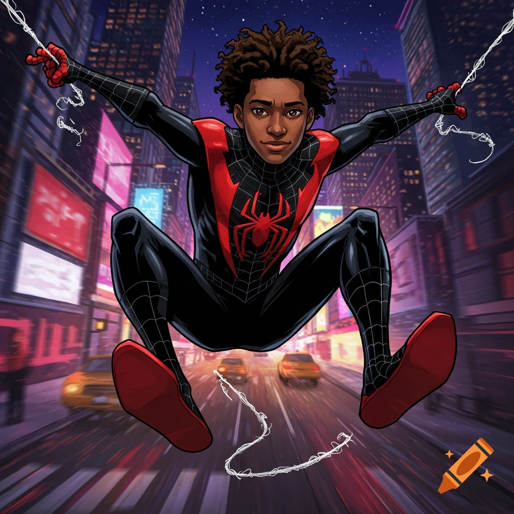 Miles Morales in Spider-Man suit swinging through city street at night, comic art style