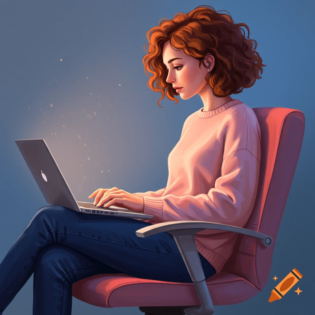 Illustration of a woman with curly red hair sitting in a chair and typing on a laptop.