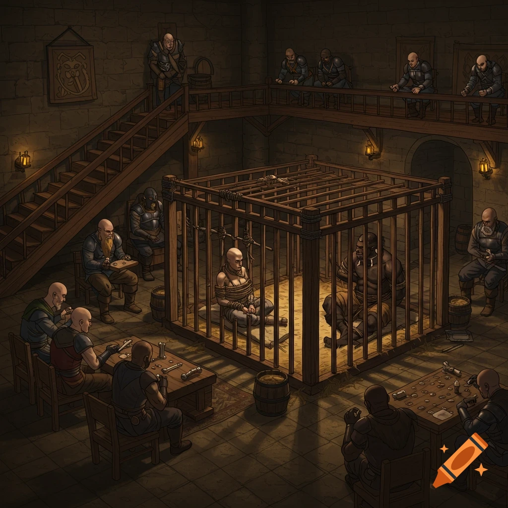 Fantasy illustration of two prisoners in a cage watched by guards and others in a stone chamber.