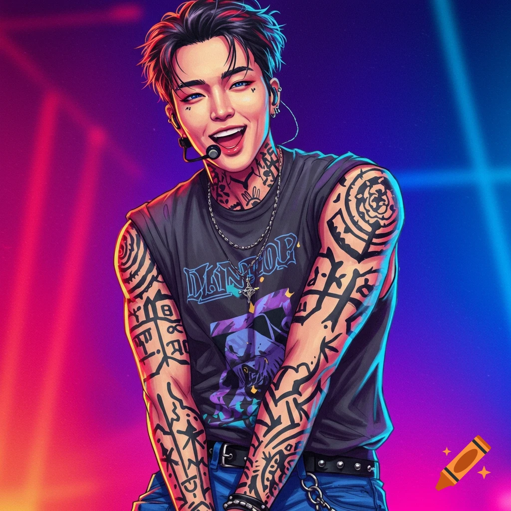 An illustration of a male Kpop idol with extensive tattoos singing on stage.