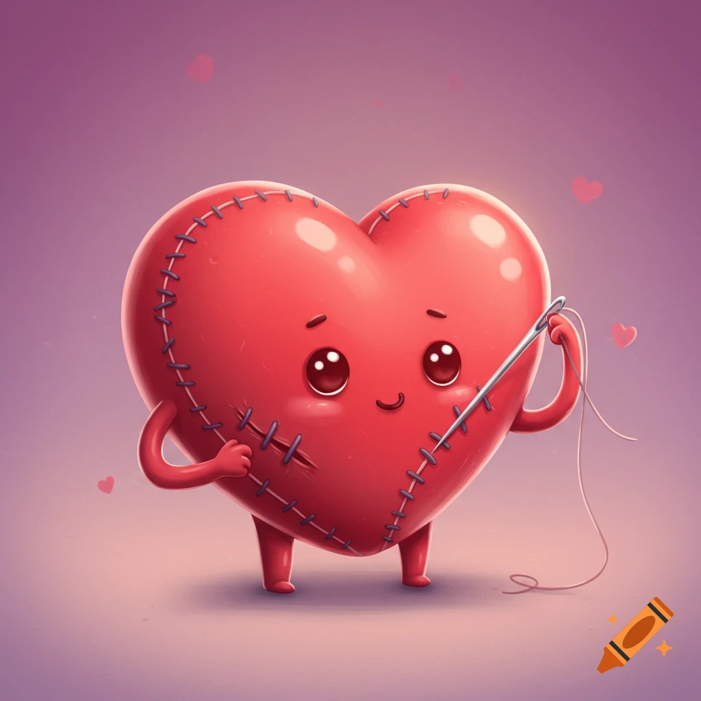 Cute cartoon heart character sewing a stitch on itself.
