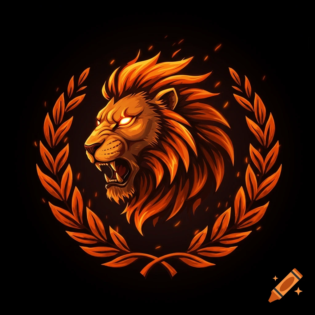 Stylized fiery lion head in an orange leaf wreath on black background.