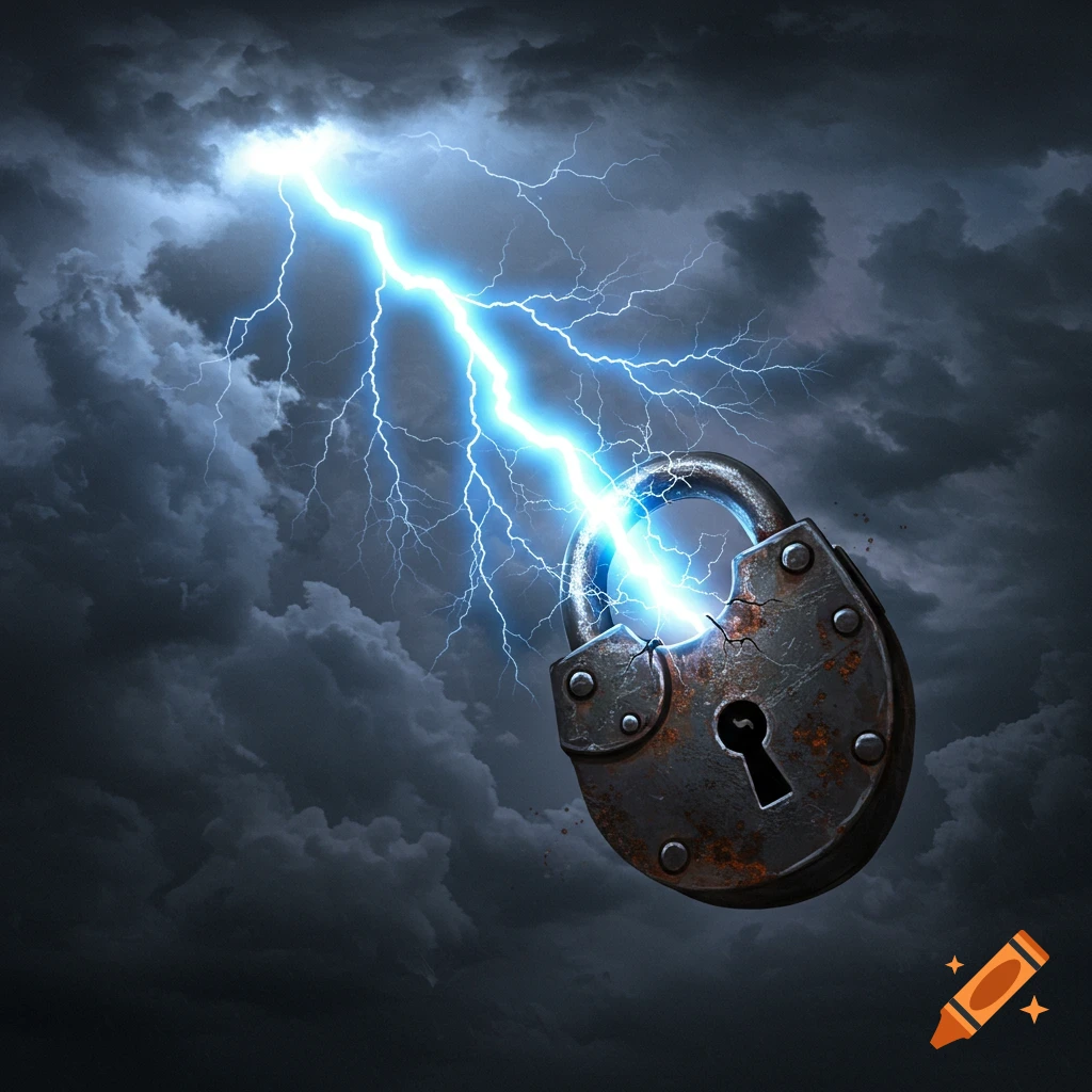 A large padlock being struck by a bright lightning bolt in a dark, cloudy storm sky.