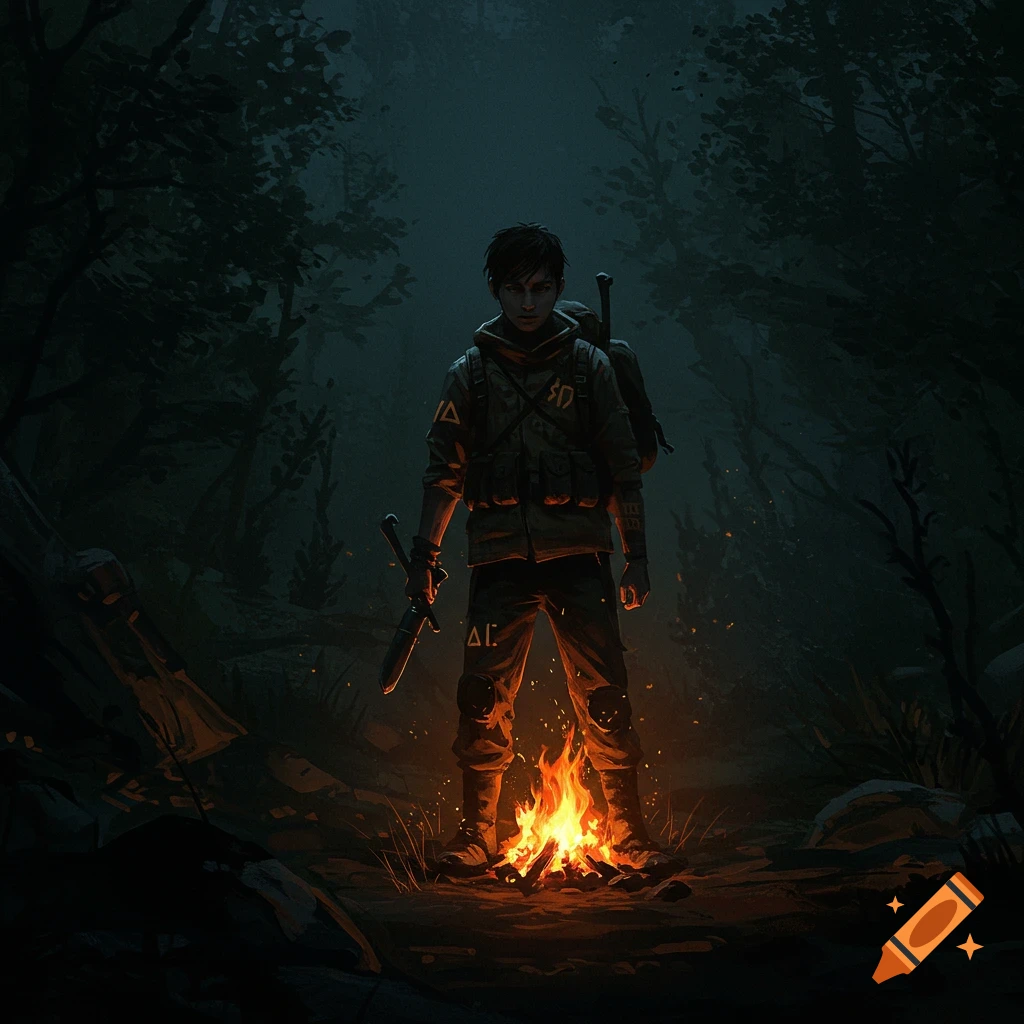 Silhouette of a figure in firelight, wilderness survival theme