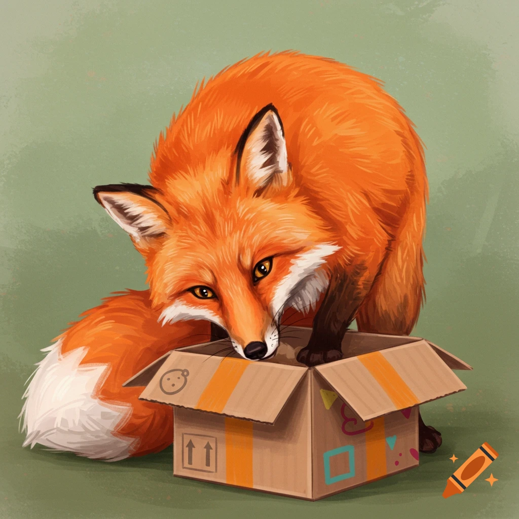 An illustration of a fox looking into a cardboard box.