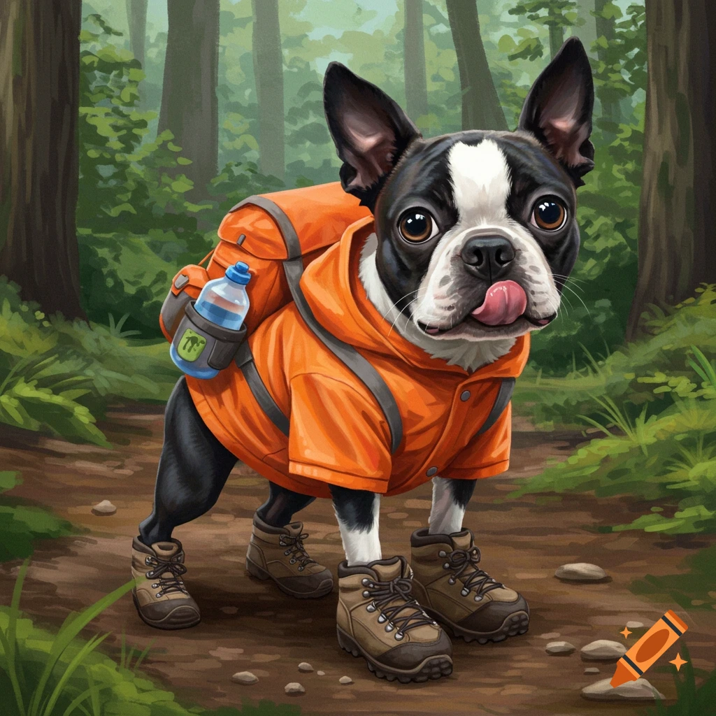 A Boston Terrier in a hiking outfit, complete with backpack and boots, stands on a forest trail.