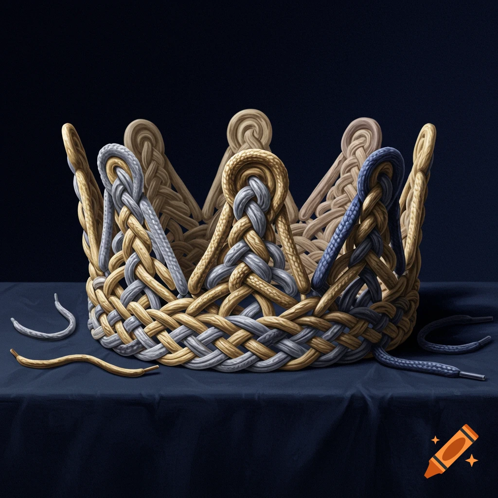 A realistic rendering of a crown woven from gold, silver, and blue shoelaces on a dark blue cloth.