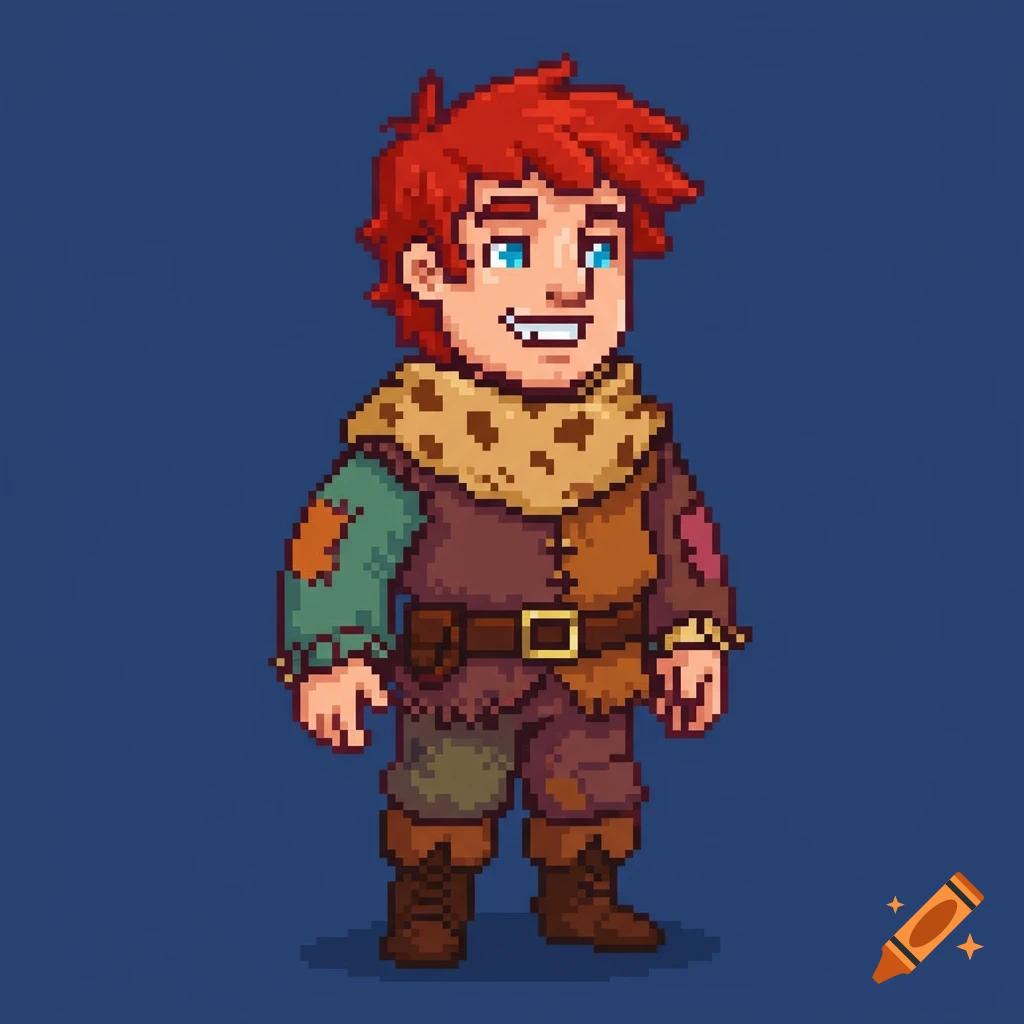 Pixel art illustration of a medieval man with red hair and a patterned scarf.