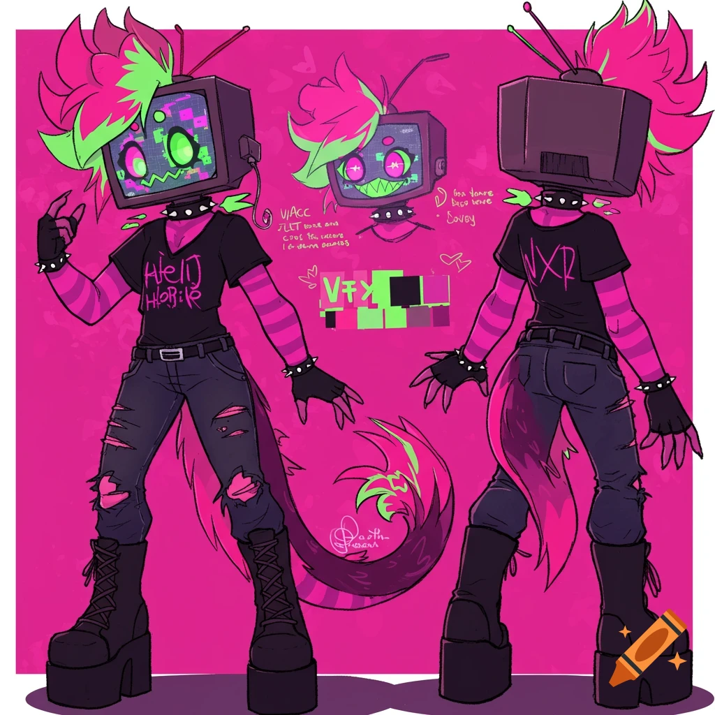 A stylized character reference sheet of a TV head person with neon pink and green hair, ripped jeans, striped sleeves, and a monster tail.