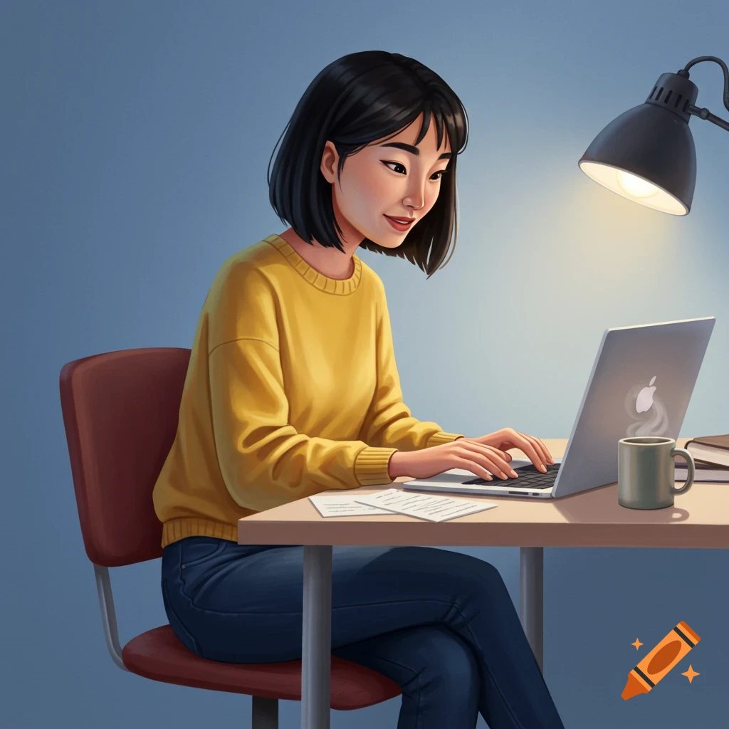 Digital illustration of a woman sitting at a desk working on a laptop.