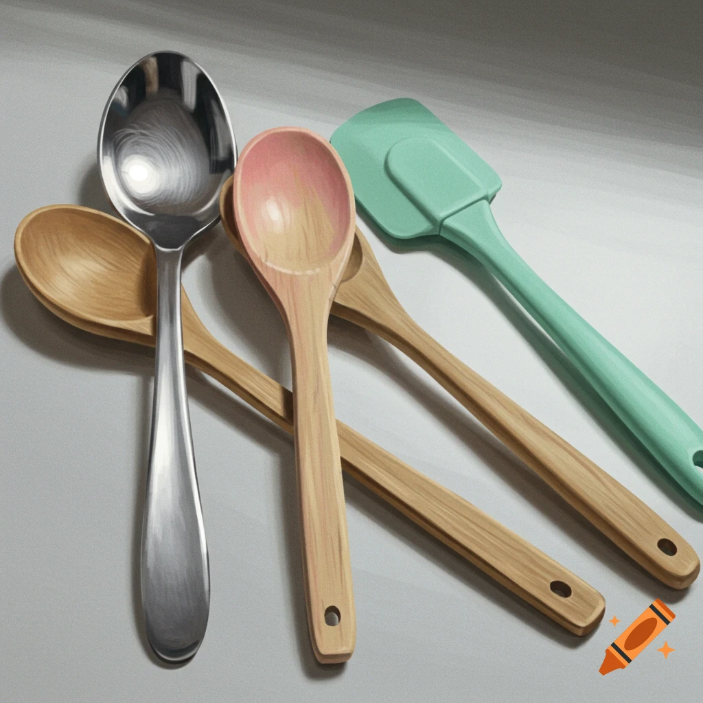 Kitchen utensils including metal and wooden spoons and a spatula.
