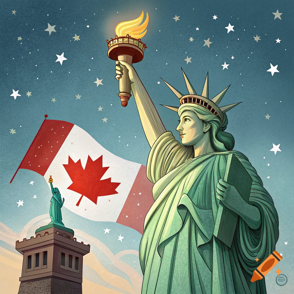 Stylized illustration of the Statue of Liberty holding up her torch with a large Canadian flag behind her.