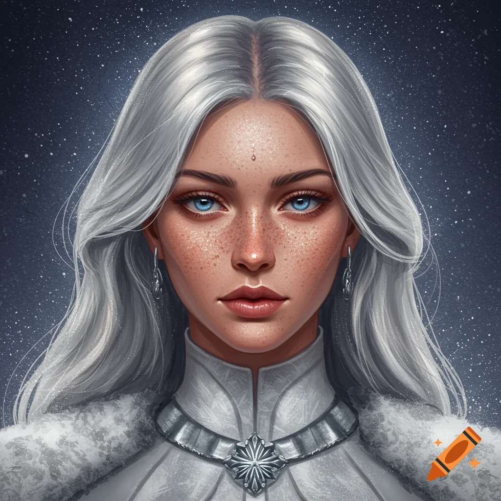Digital illustration of a fantasy woman with long silver hair, blue eyes, freckles, and a silver necklace against a starry background.