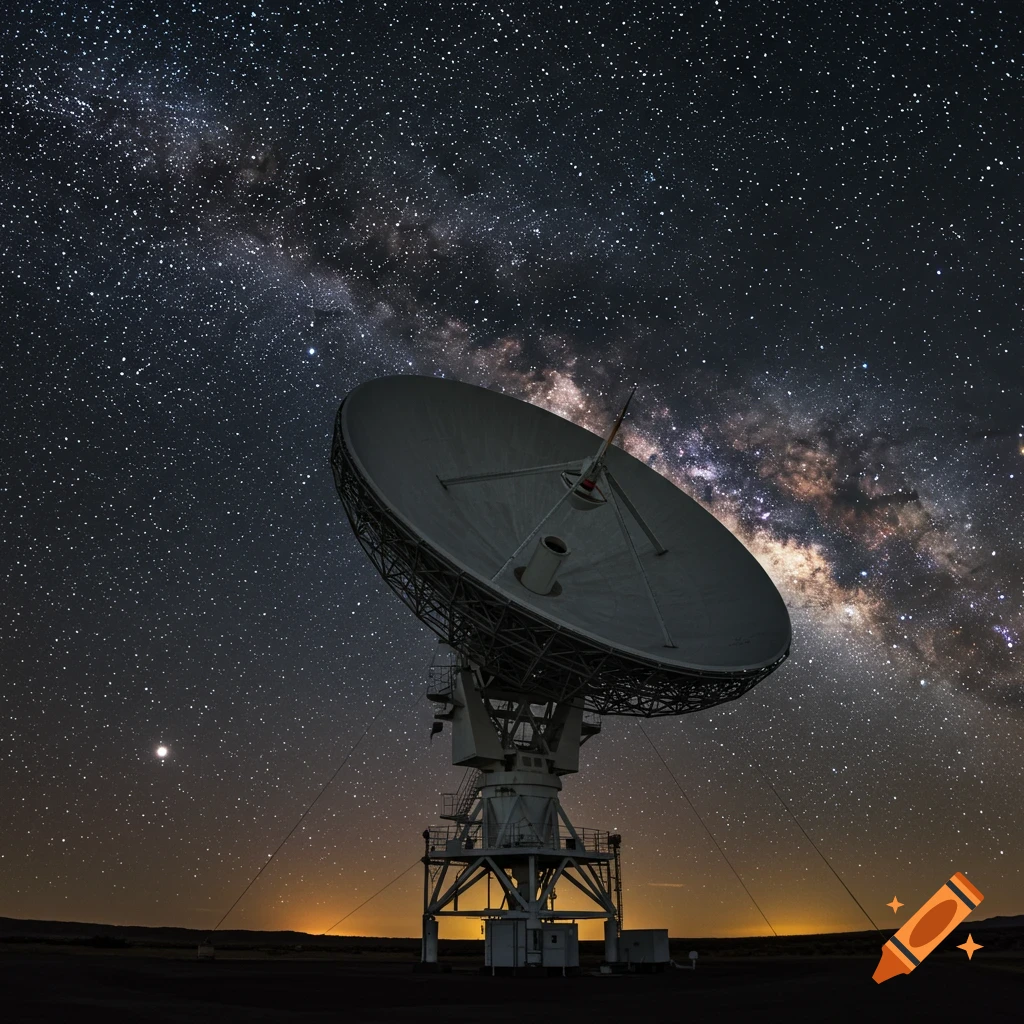 A large satellite dish points toward the Milky Way galaxy under a star-filled night sky. Photorealistic.