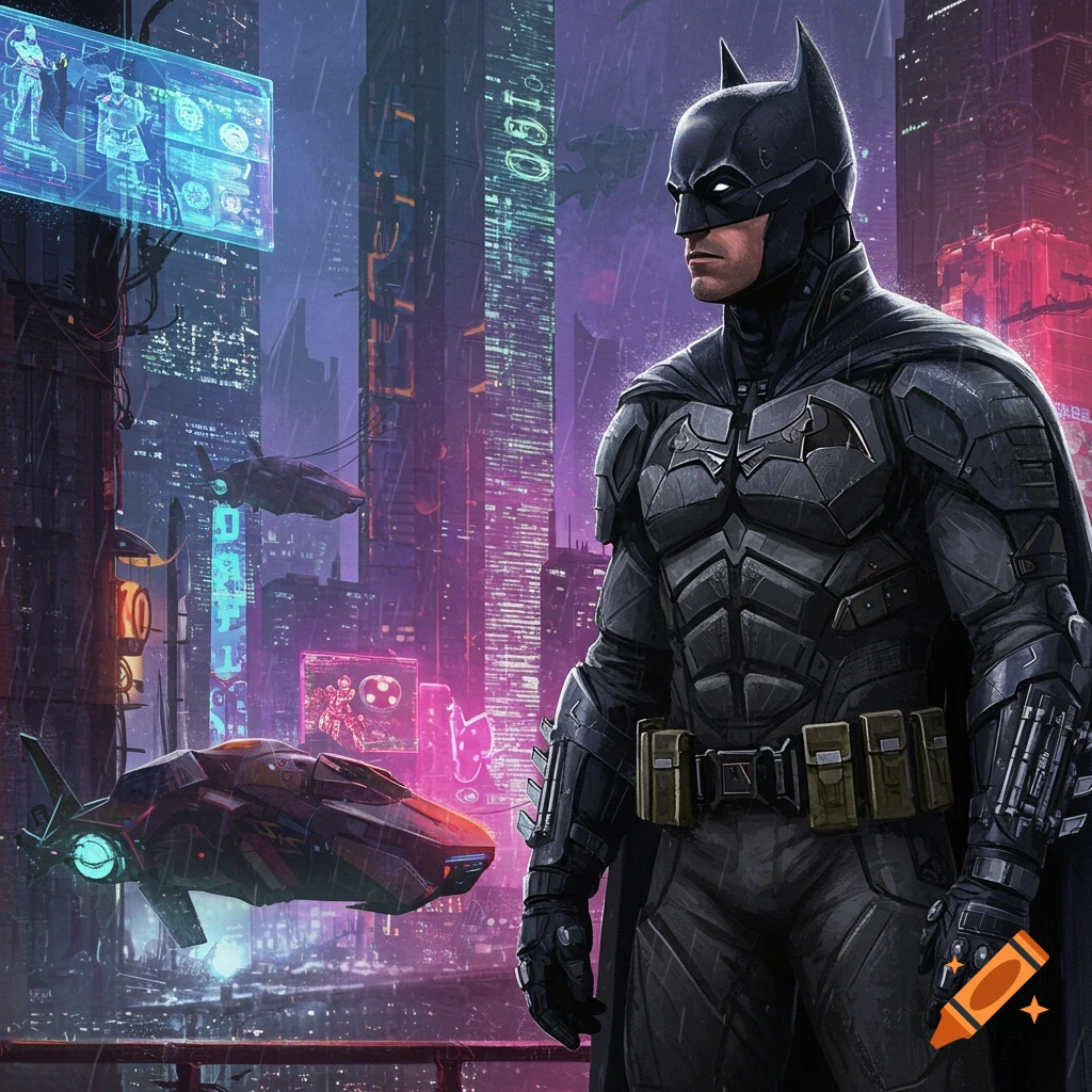 Batman stands in a rainy cyberpunk city with neon signs and flying vehicles.