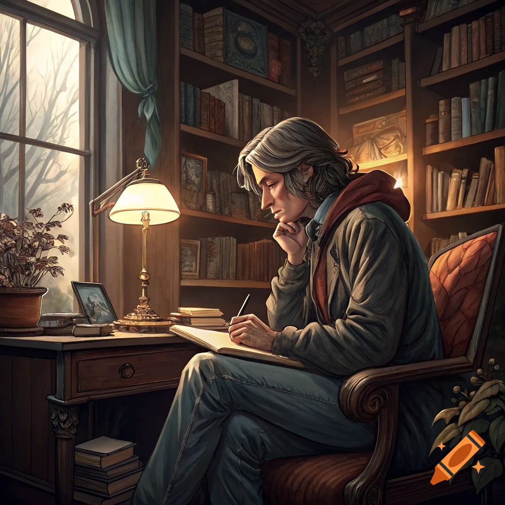 An illustration shows a person writing in a book at a desk in a cozy library.