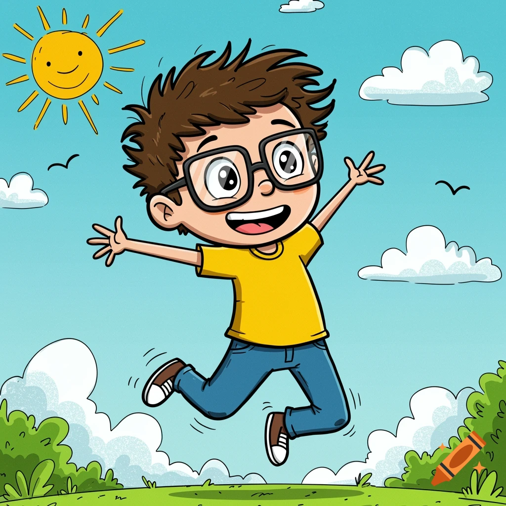 Cartoon boy with glasses jumping outdoors with a smiling sun