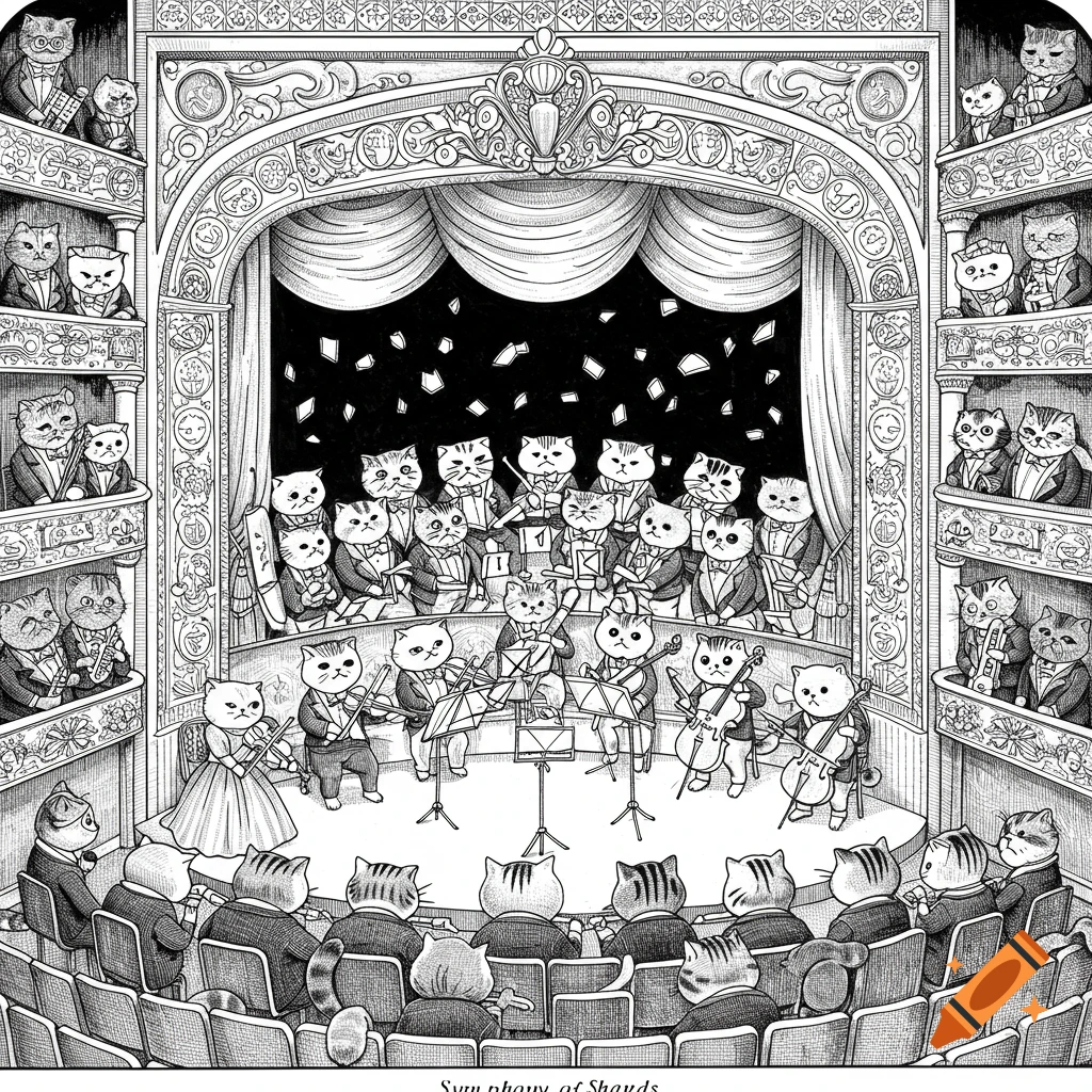Black and white illustration of cats performing in an orchestra on a theater stage