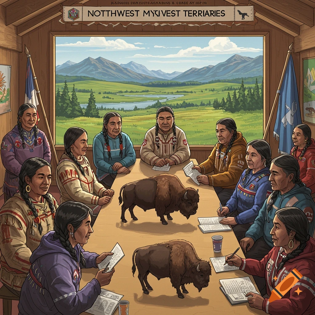 Indigenous people in a meeting room discussing bison with a landscape view outside, illustration.