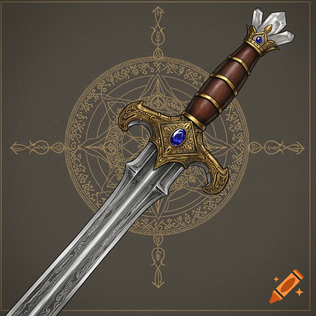 Fantasy sword with Damascus blade, brass guard, sapphire gem, quartz hilt, and mandala background.