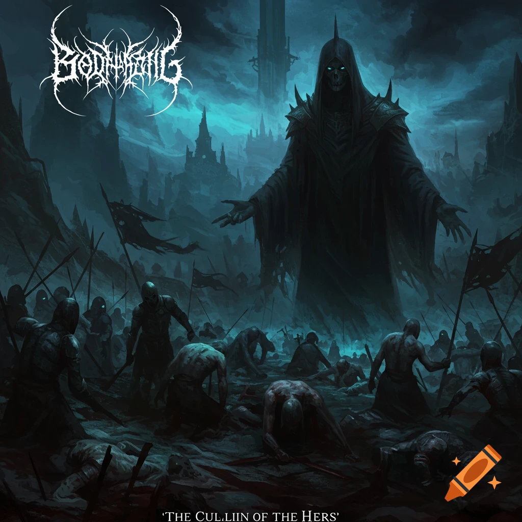 Dark fantasy art of a giant hooded figure towering over fallen warriors on a misty battlefield.