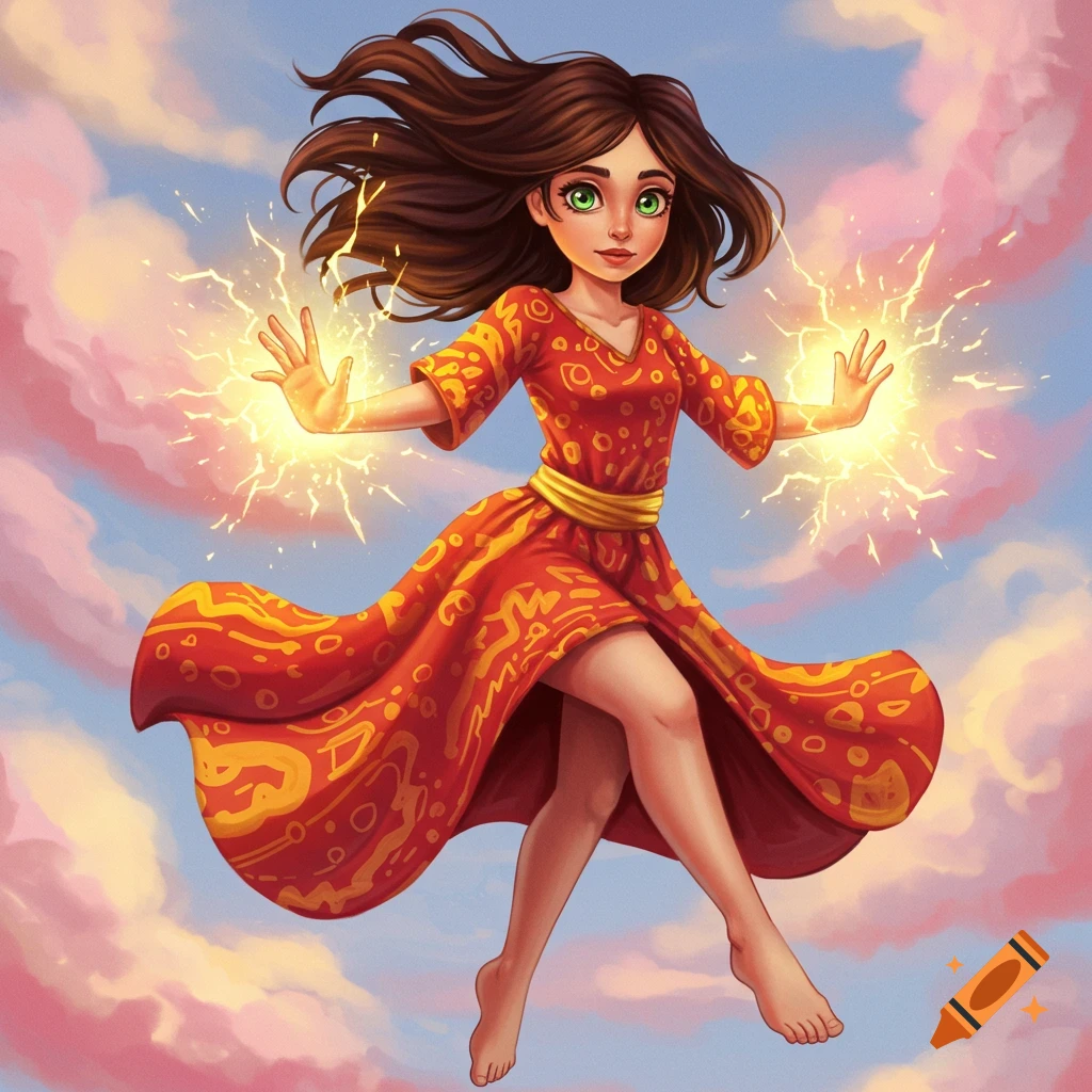 Digital illustration of a young girl with glowing hands floating in a cloudy sky.