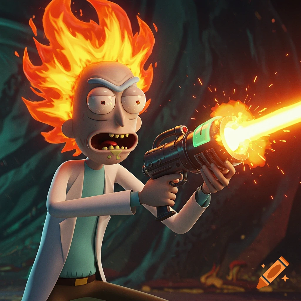 Rick Sanchez from Rick and Morty with fiery hair and a laser beam