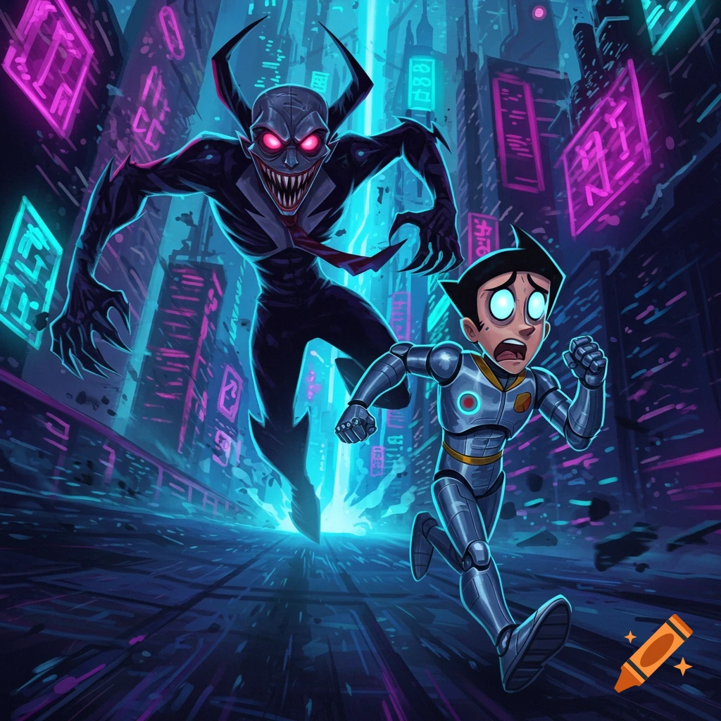 A cartoon boy in a robot suit runs from a monster in a cyberpunk city.