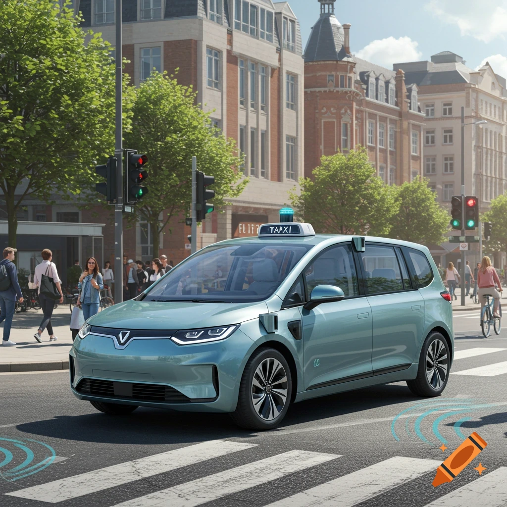 A light blue futuristic self-driving taxi drives on a city street with pedestrians and buildings.