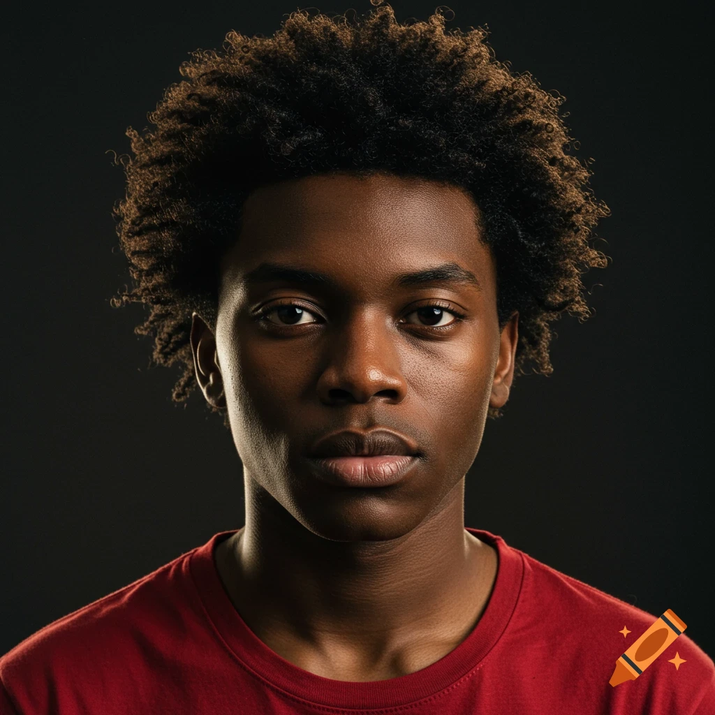 Close-up studio portrait of a young Black man with an afro wearing a red shirt.