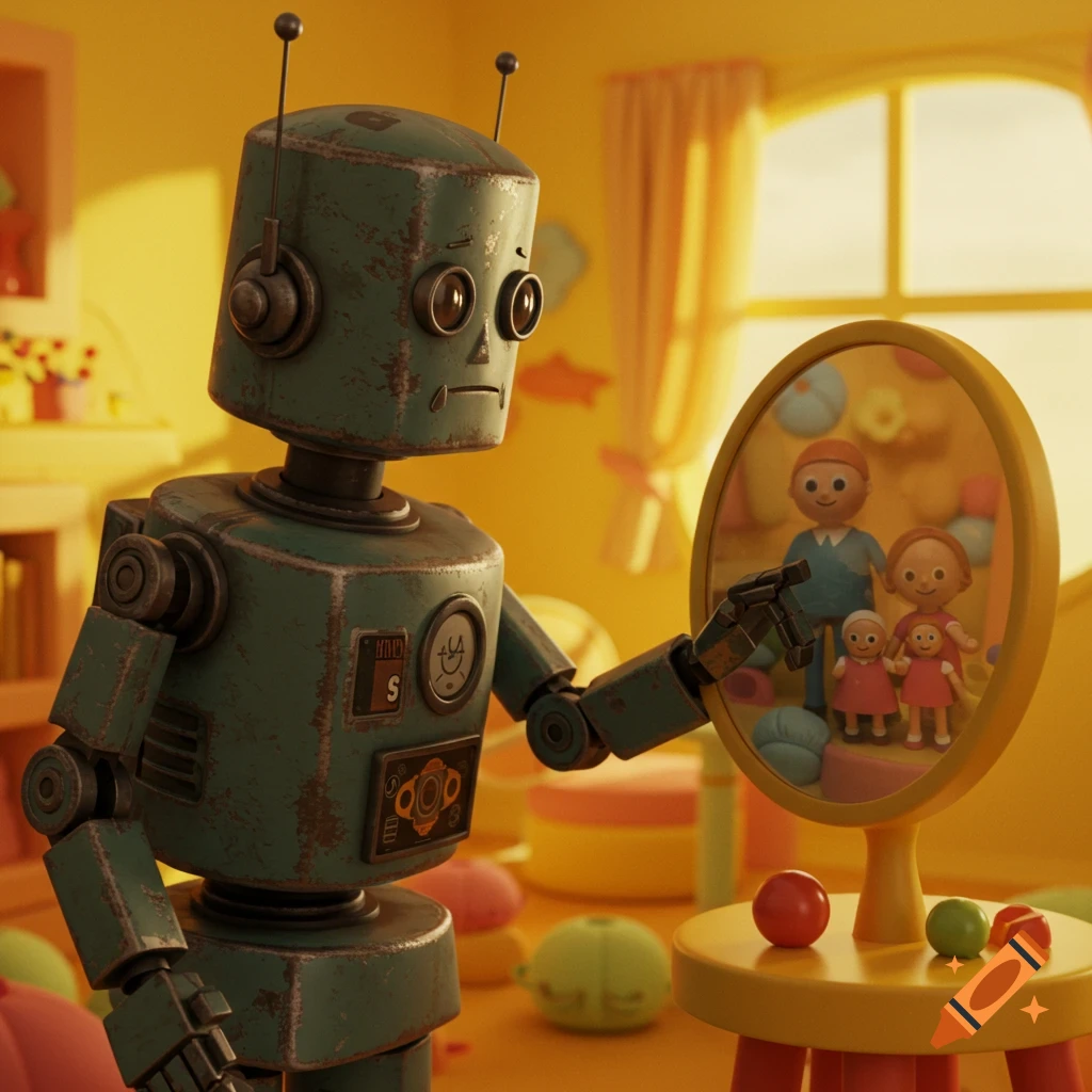 A sad robot looks into a mirror reflecting a human family in a bright, toy-filled room.