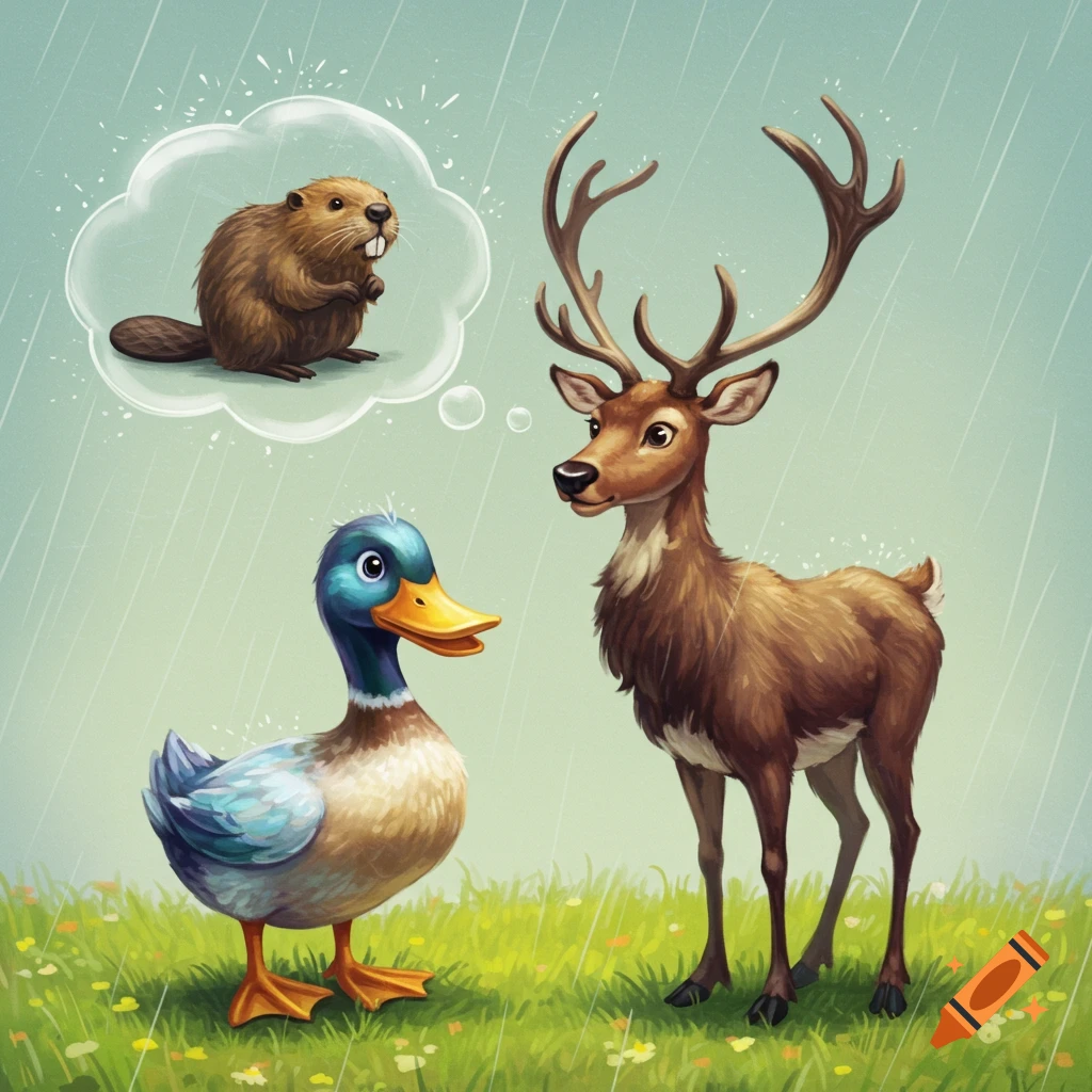Cartoon duck and deer in rain, with a beaver in a thought bubble above them.