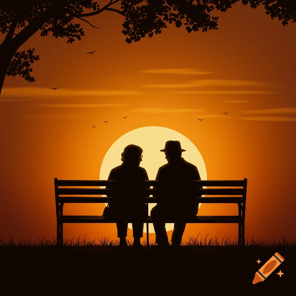 Silhouette illustration of two elderly people sitting on a park bench watching the sunset.