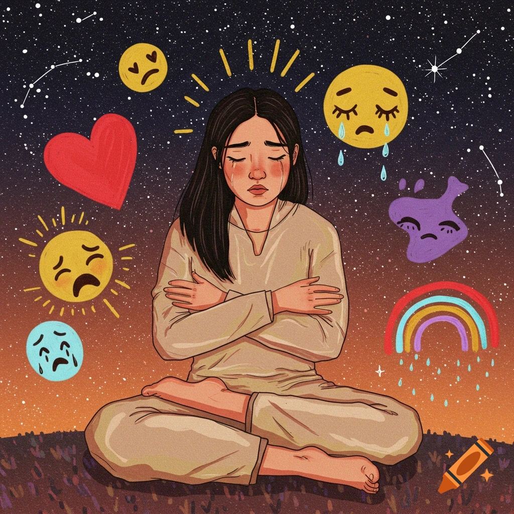 Illustration of a crying woman under a starry sky, surrounded by symbols representing emotions.
