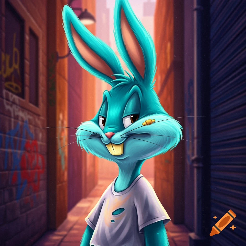 A stylized blue rabbit character in a ripped white t-shirt stands in a graffiti-covered alley in this digital artwork.