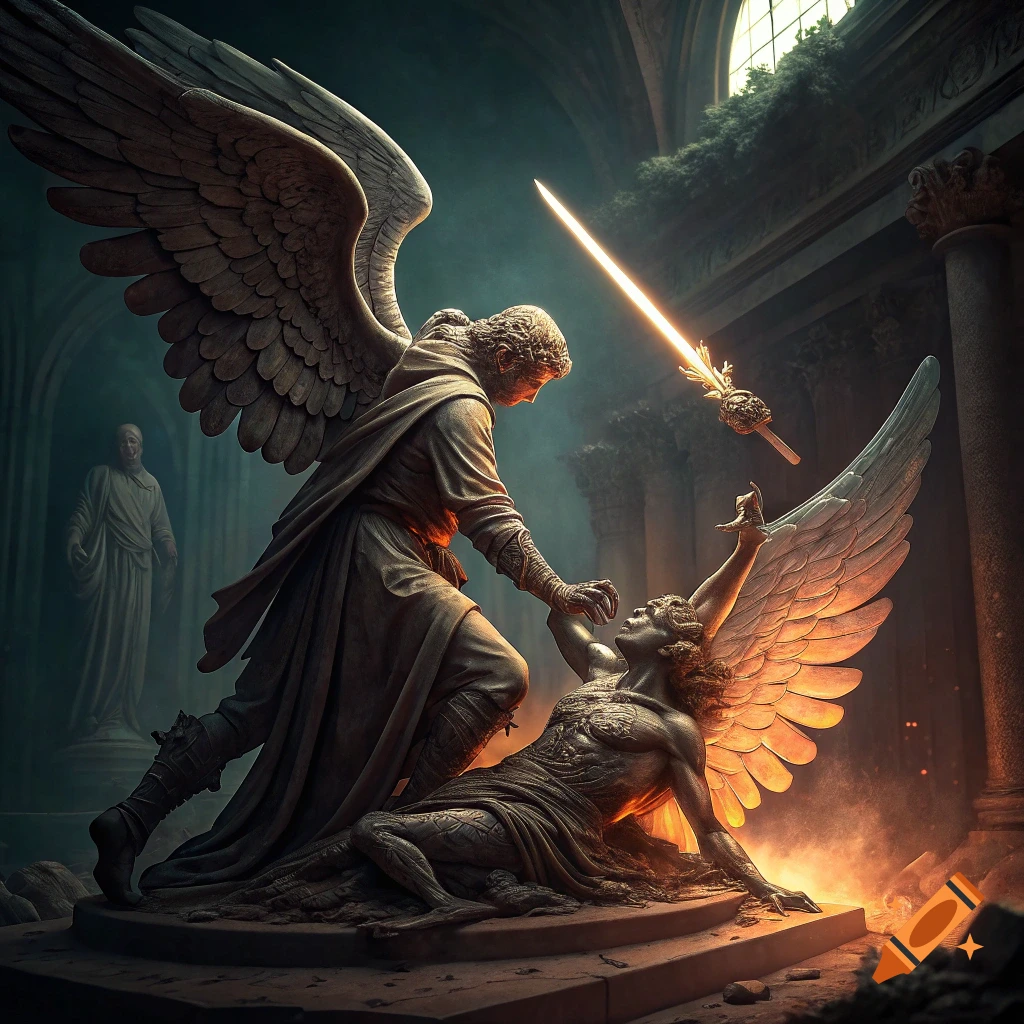 Angel killing demon statue