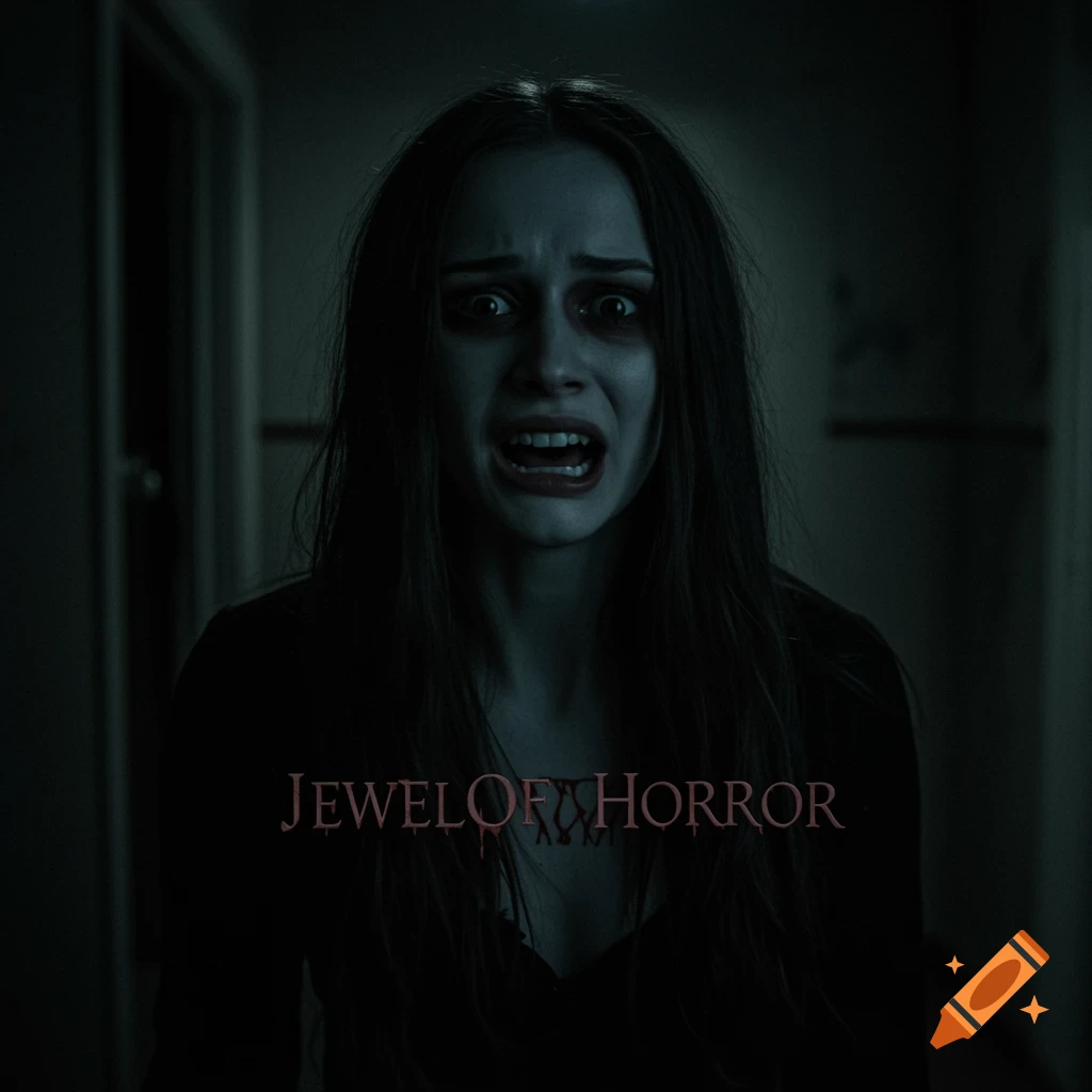 Close-up photo of a screaming woman in a dark, horror style setting with overlaid text.