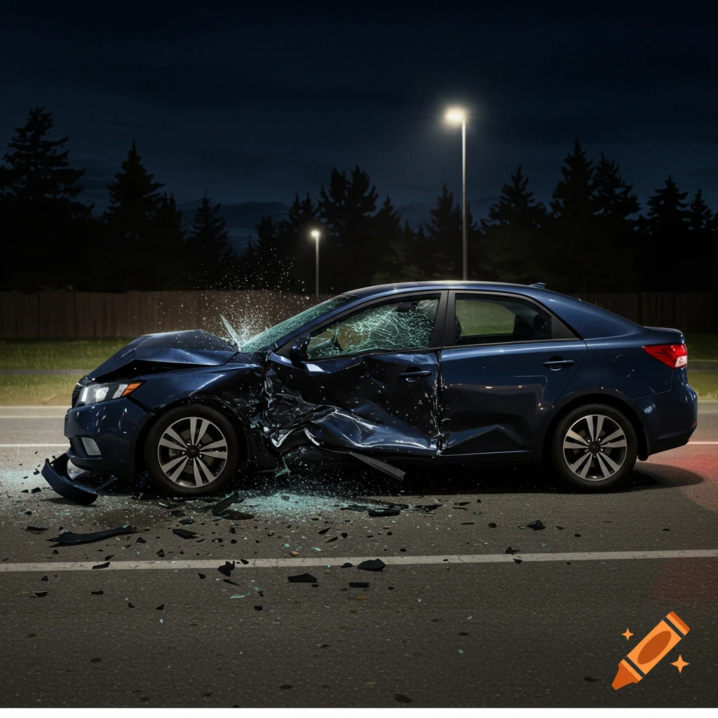 Car crash into passenger side of black Kia Forte at night