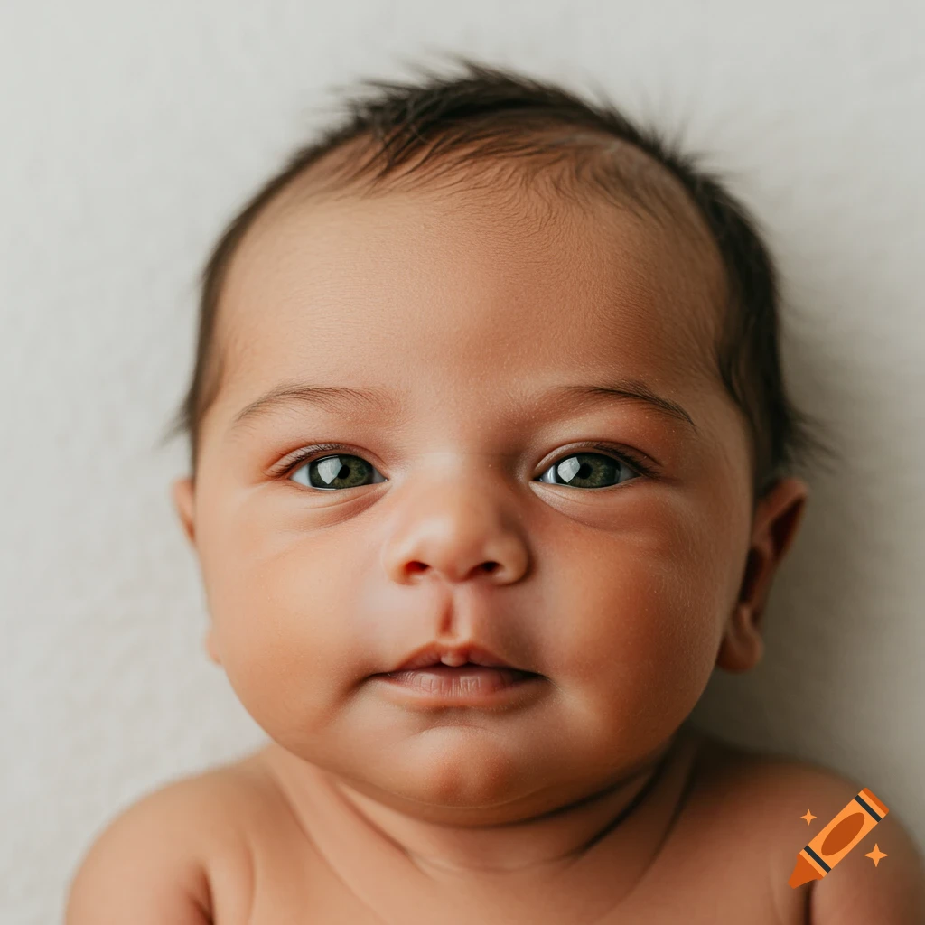 Newborn baby girl with freckles and green eyes