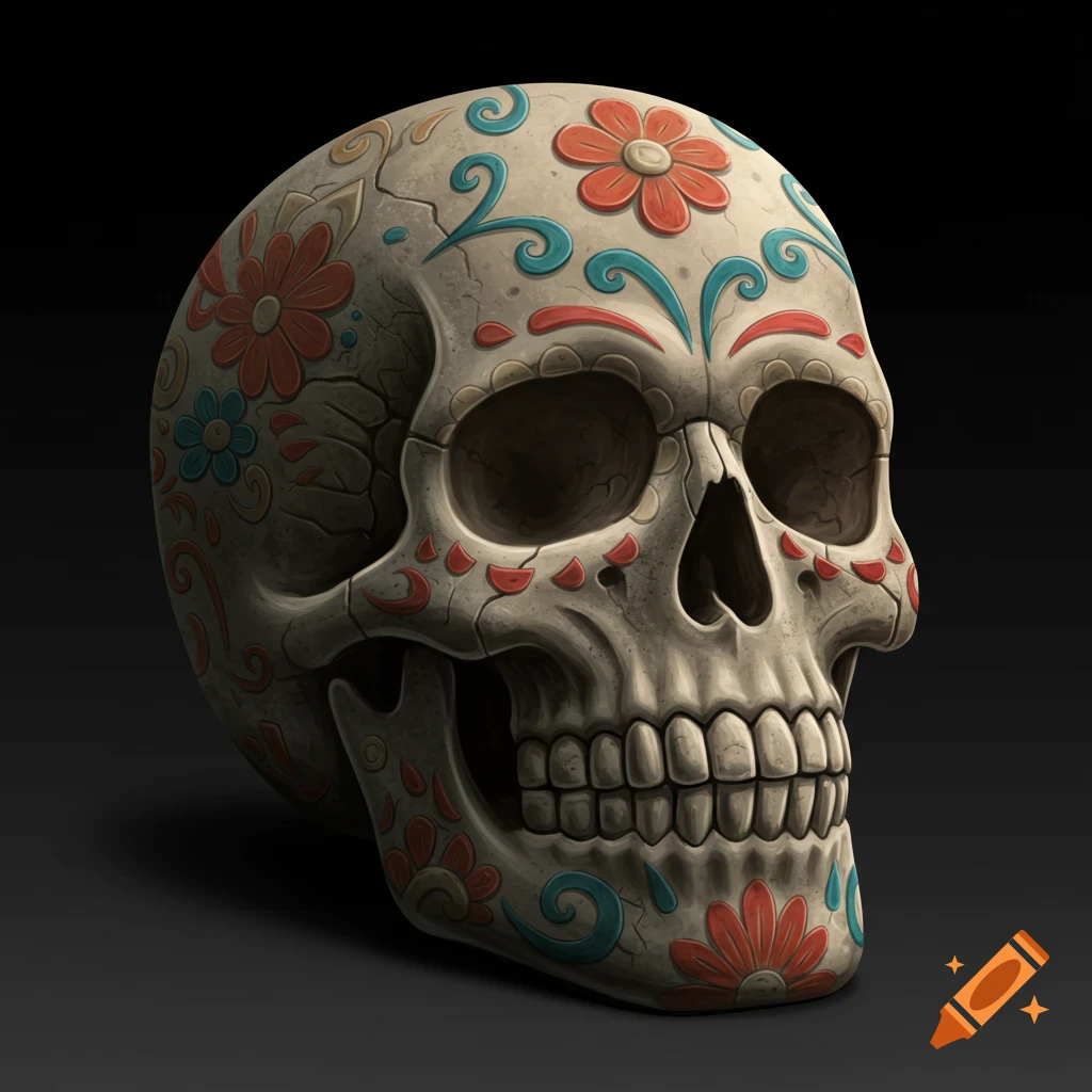 Stone sugar skull decorated with floral patterns.
