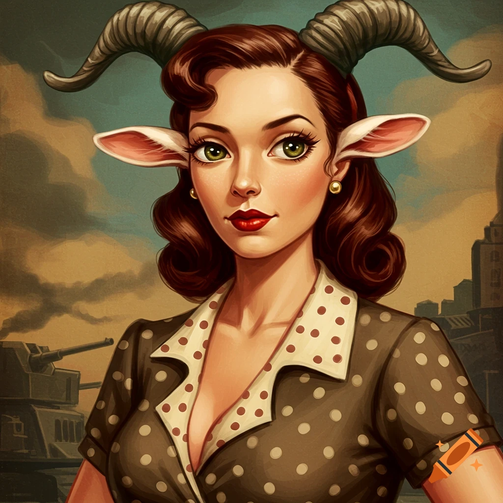 Illustration of a vintage-style woman with goat horns and ears in a polka dot dress, with tanks and buildings in the background.