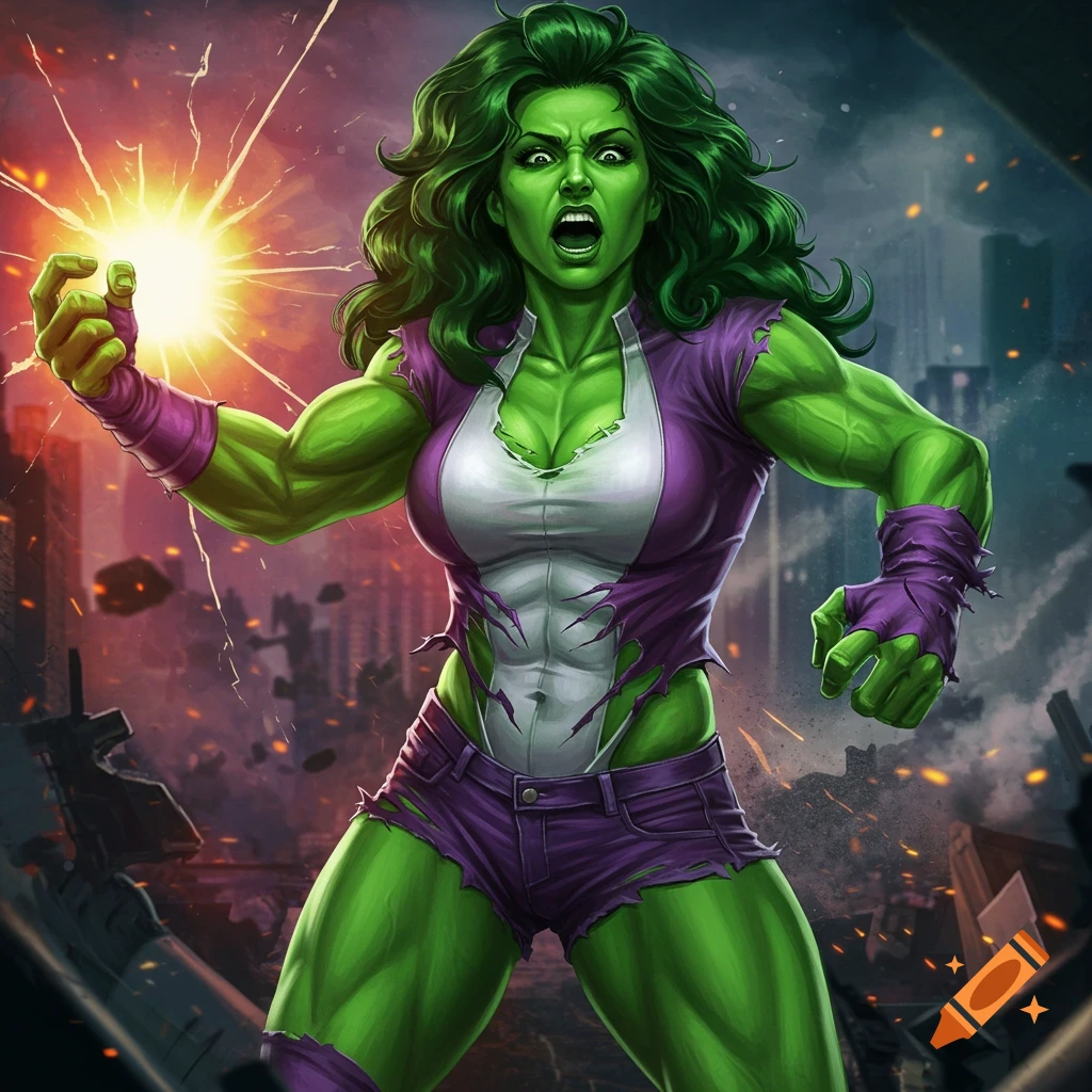 She-Hulk lunges forward, generating an energy blast in her hand, with a city destroyed in the background. Comic art style.