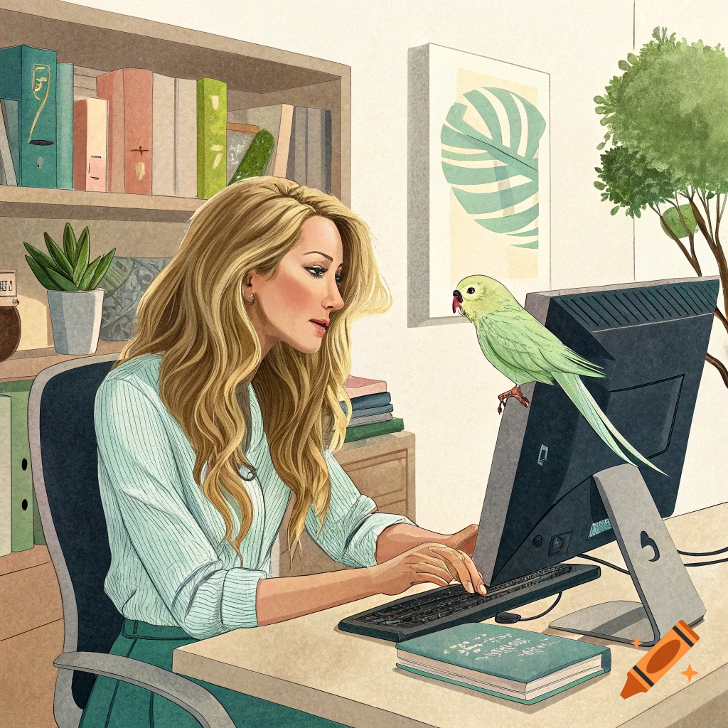 Illustration of a woman at a desk with a parrot perched on her computer monitor.