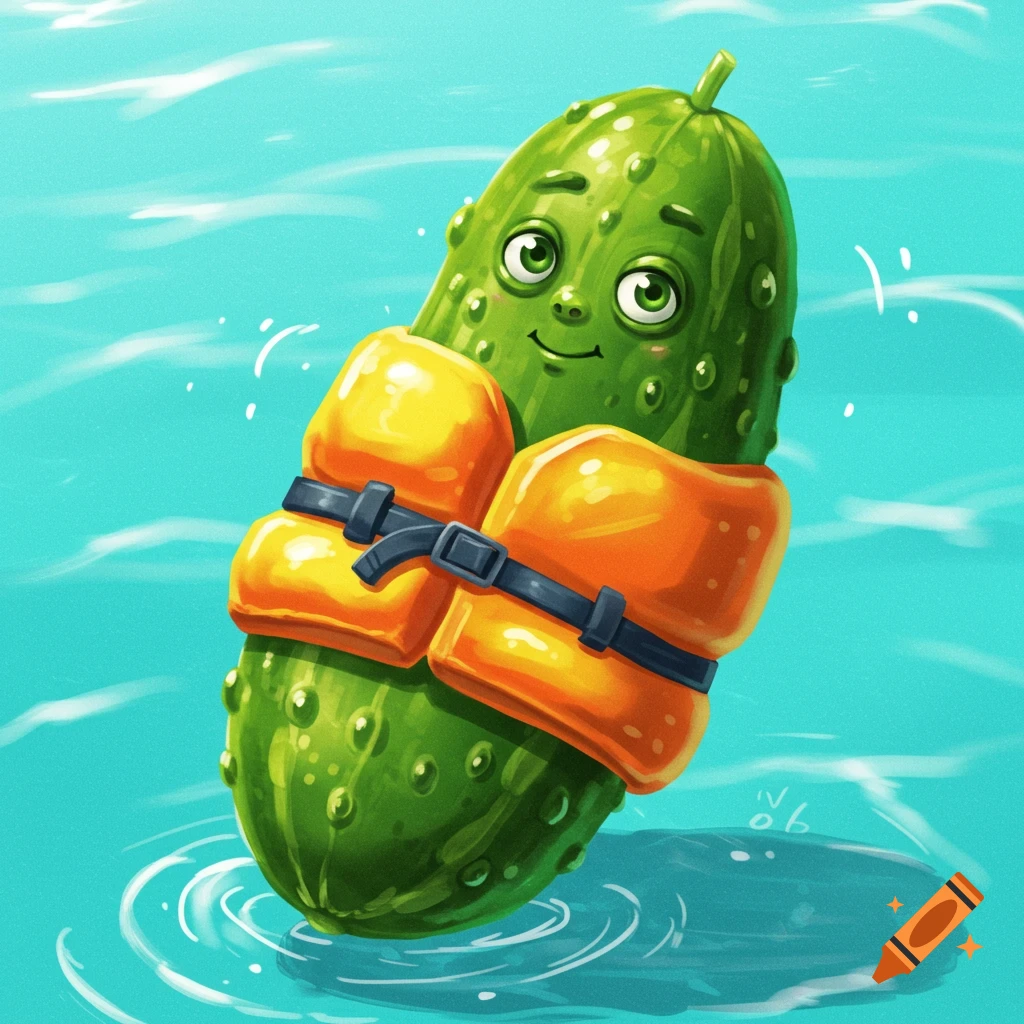 Pickle wearing a life jacket