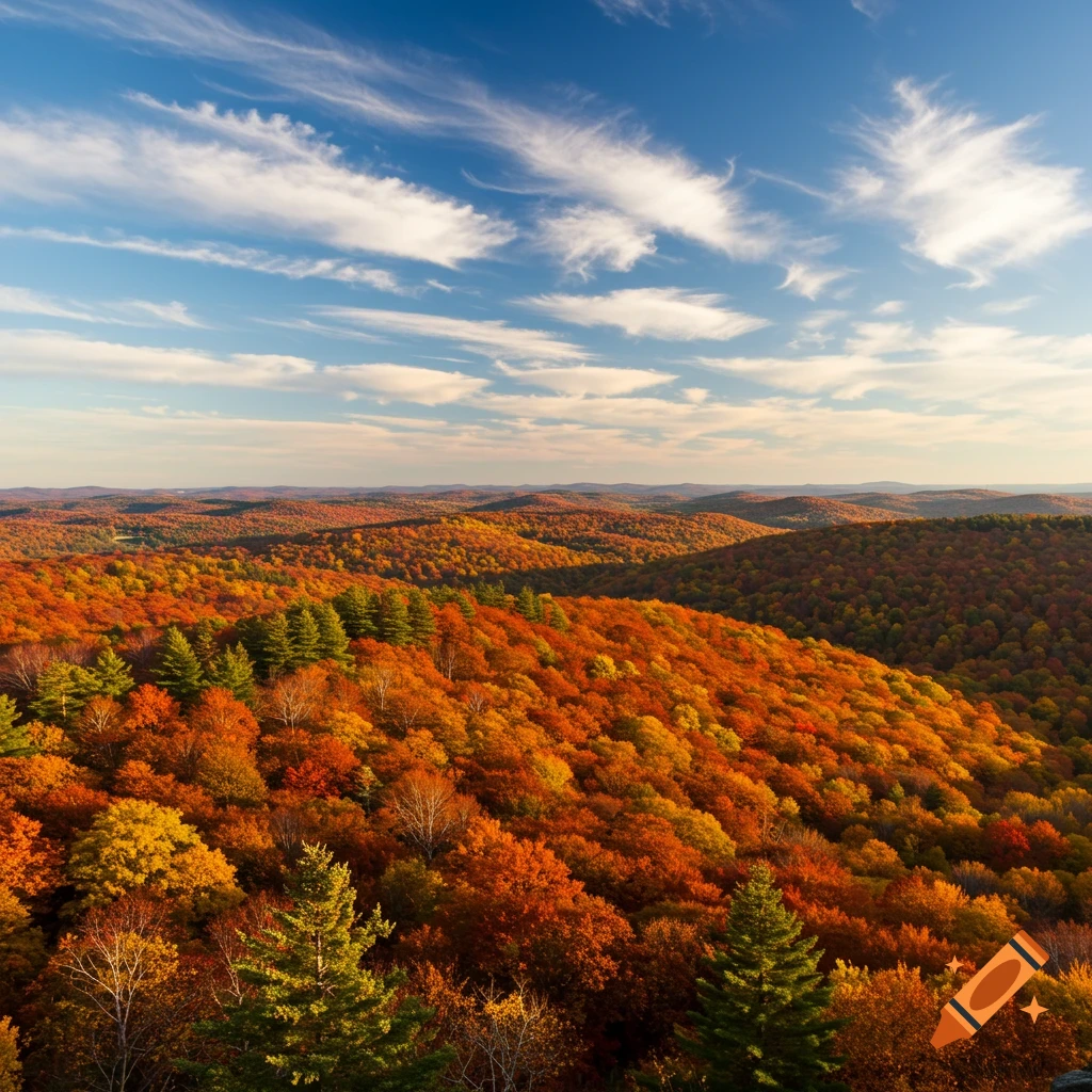 Aerial view of rolling hills covered in vibrant autumn foliage under a blue sky with wispy clouds.