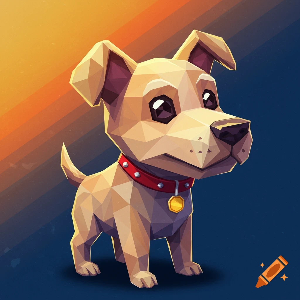 A polygonal cartoon dog with a red collar stands against a gradient background.